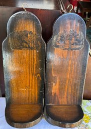 Pair Of Two Vintage Handmade Wooden Wall Sconces