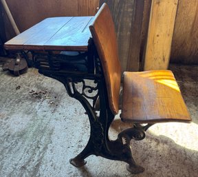 Cute Antique Wooden & Cast-Iron Small Child's School Desk With Folding Bench