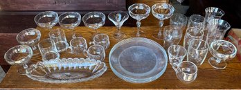 Large Lot Of Vintage Clear Glass Including Etched, Plates, Etc.