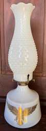 Hurricane Vintage Hobnail White Milk Glass Oil Lamp With Gold Eagle