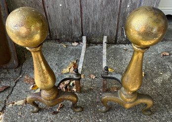 Set Of Antique Brass Clawfoot Ball Fireplace Andirons