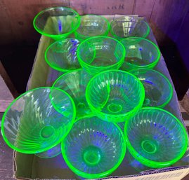 Large Lot Of Green Uranium Vaseline Glass Sherbert Cups