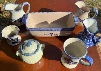 Lot Of Seven Misc Dishes With Blue Accents