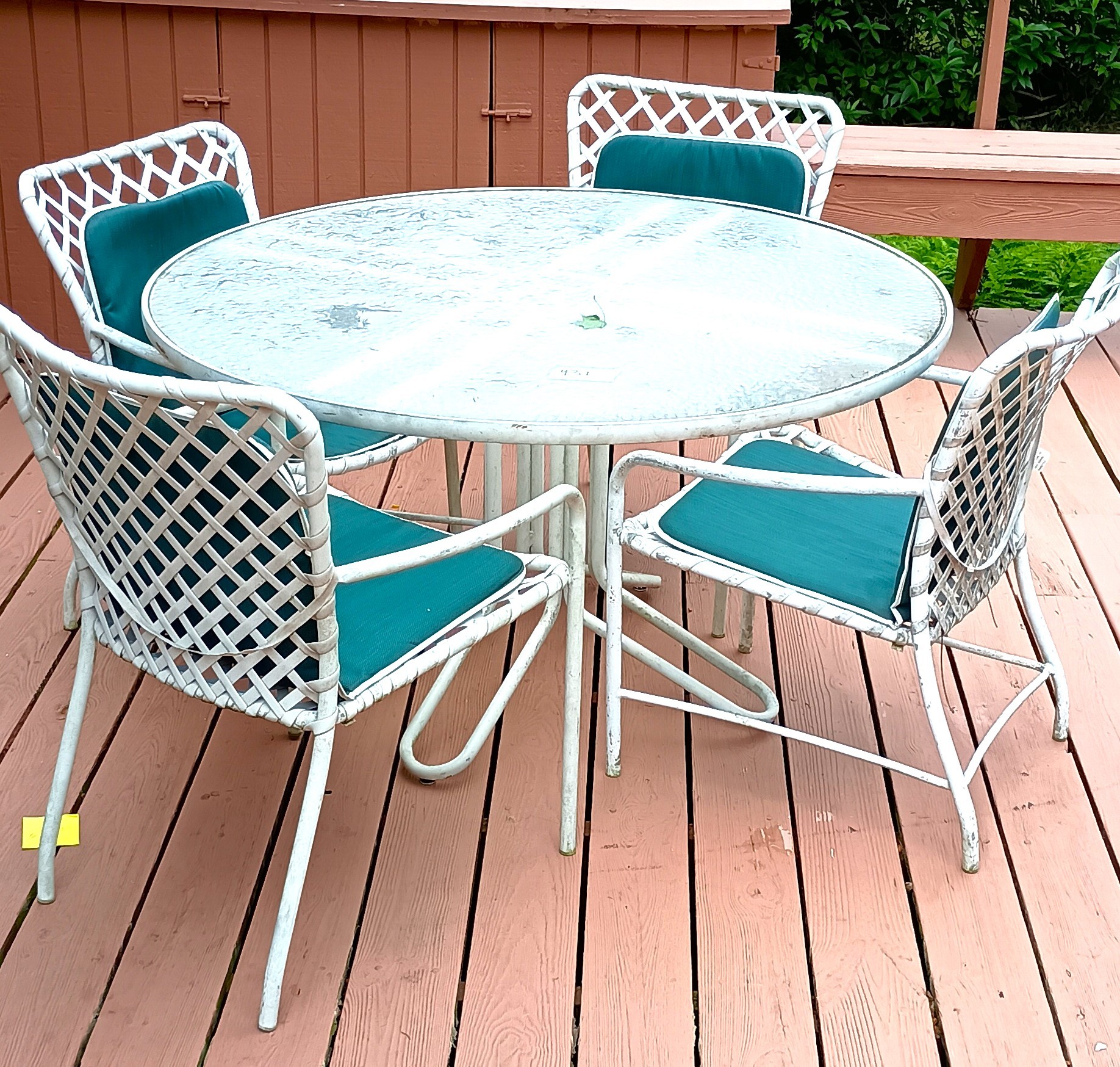 Vintage Brown Jordan Five Piece Patio Set Round Glass Top Table