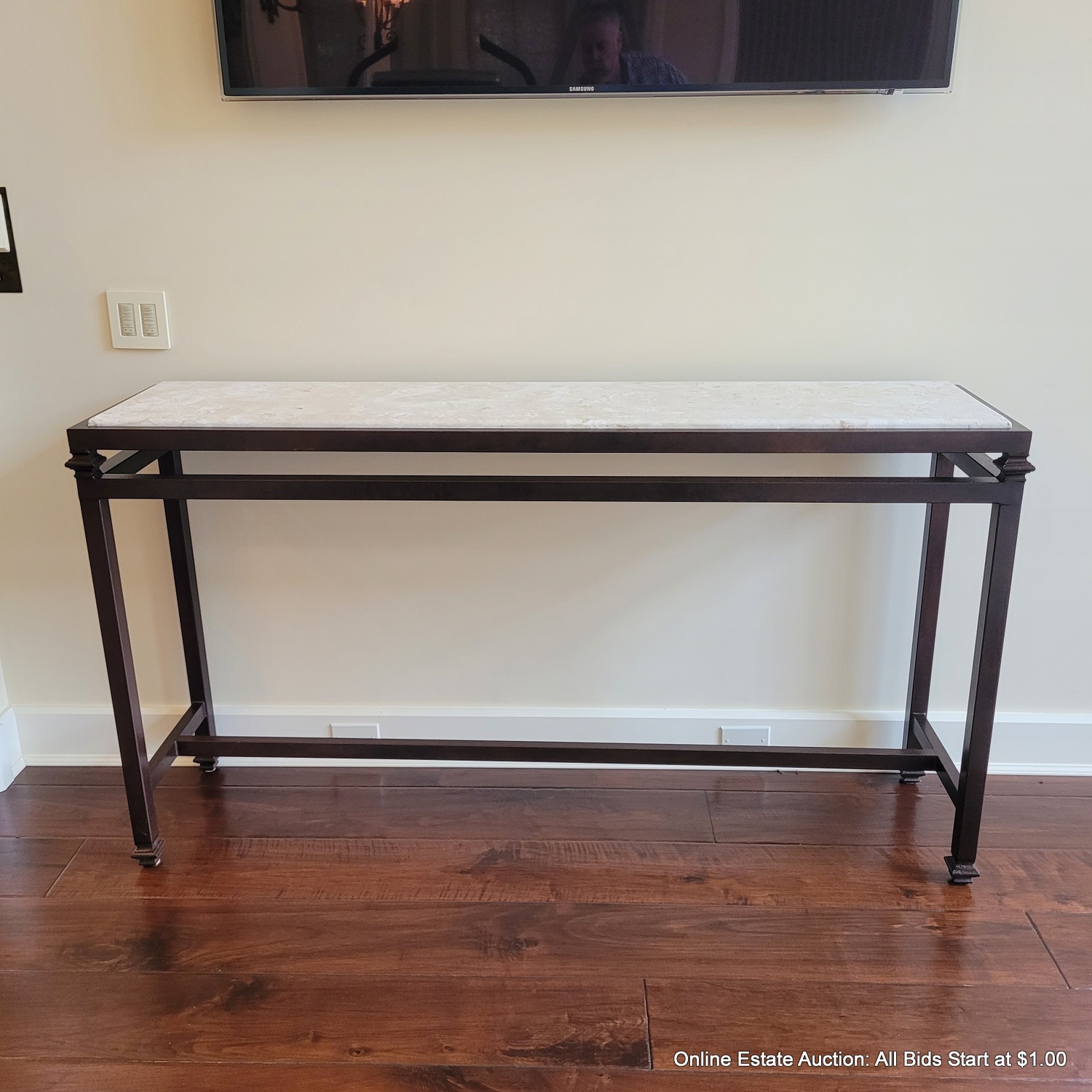 Patinated Steel Console Table With Travertine Look Inset Top (LOCAL ...