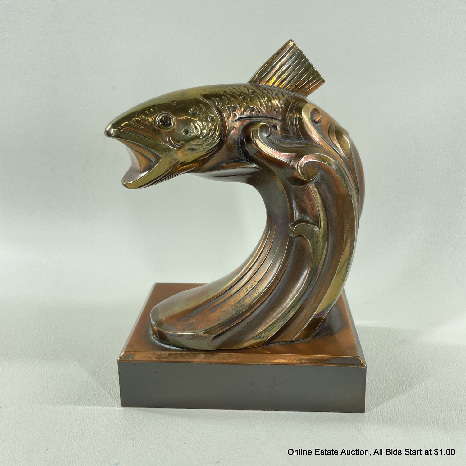 Cast Bronze Jumping Salmon Statue On Bronze Base #26285 | Auctionninja.com