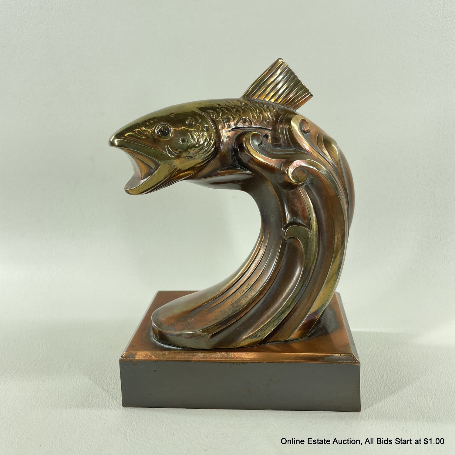 Cast Bronze Jumping Salmon Statue On Bronze Base #26285 | Auctionninja.com