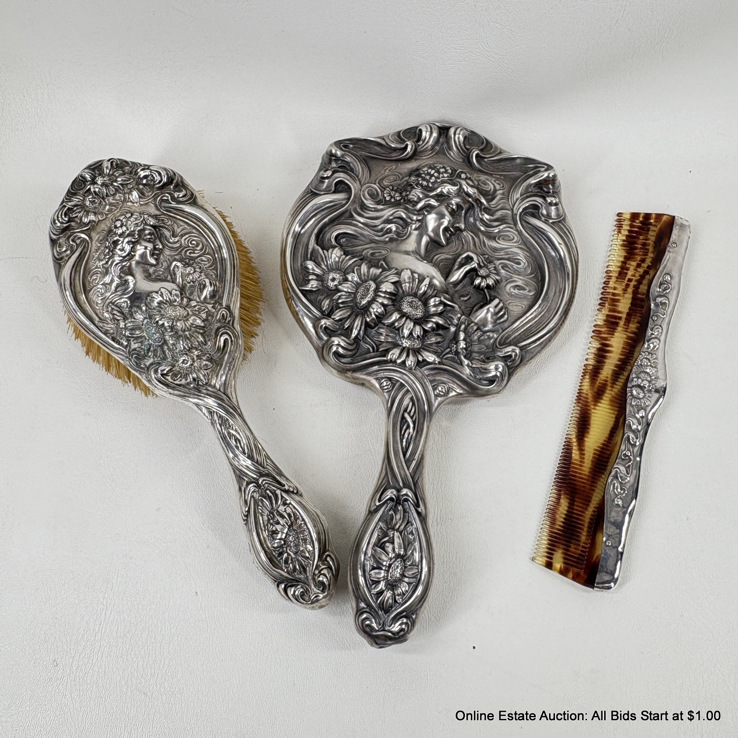 3-piece, Sterling Silver Unger Brothers 'He Loves Me' Vanity Set Total ...