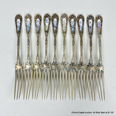 10 Dominick & Haff No. 10 Pattern Enameled Strawberry Forks Total Weight 125 Grams
