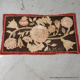 Antique Victorian Wool Throw Rug Signed MM 1852: 3' X 5'