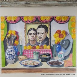 Roberto Montenegro (1885-1968) Original Watercolor Of Frida And Diego, Framed 32' X 37.5'