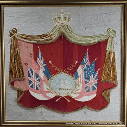 Antique Maritime 19th-Century English Sailor Woolie Wool Works British Clipper Vignette Embroidery