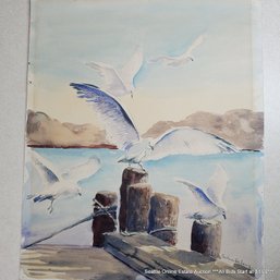 Pauline Delong Original Watercolor Painting 'Gulls' 1955 Signed