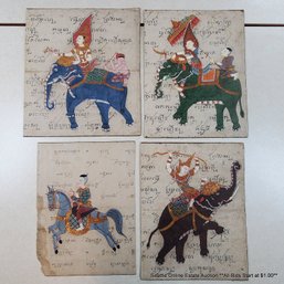 Four Antique Thai Hand-Painted Illuminated Manuscript Pages