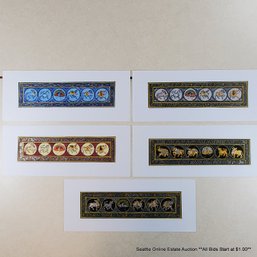 Lot Of Five Original Miniature Rajasthani Six Figure Paintings On Silk - Featuring Animal Processions