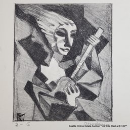 Roberto Montenegro (1885-1968) Original Stone Lithograph 'Woman With Guitar' #5-6 Signed