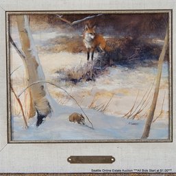 Tom Sander (B. 1938-) Original Oil Painting On Masonite 'Winter - Red Fox' Signed, 15.75' X 17.75' Framed