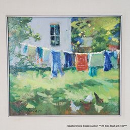 Lois McFarland (1920-2016) PNW Artist Original Oil Painting On Masonite Panel Of A Clothes Line Signed, Framed