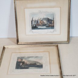 Two Antique 19th Century Hand-Colored Engravings Featuring 'Bellingsgate' & 'Adelphi Terrace', Framed