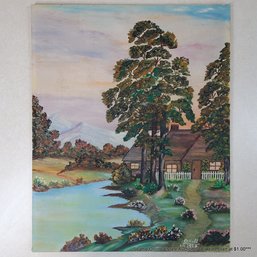 O. Hall Mid-Century Oil Panting On Canvas Panel Of A Cabin In The Mountains Signed & Dated 1963