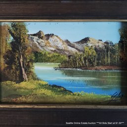 Miniature Vintage Oil Painting On Masonite Of Mountain Scene Signed, 5' X 7' Framed