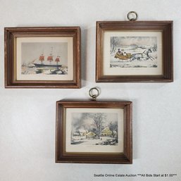 Lot Of Three Miniature Hand-Colored Lithographs Featuring Nautical & Countryside Genres, 6.25' X 7.75' Framed