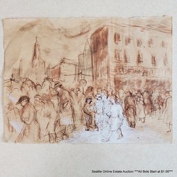 Artist Signed Vintage Mixed Media Art Sketch In Ink & Wash Of A Bustling Street Scene