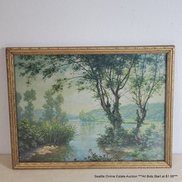 A. Fox 1957 Mid-Century Modern Offset Lithograph Of River Landscape, 13.25' X 17.25' Framed