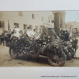 Antique Black & White Photograph Featuring A Ford Model T Decorated For The Portland Rose Festival, Framed