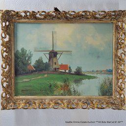 Charles Meeuwisson Original Oil Painting On Board Of Windmill, 15.5' X 19.5' Framed