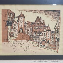 Richards Original Vintage Woodcut 'Plonlein-Ploenlein Rothenberg A/Tauber, Germany 10/A', Framed
