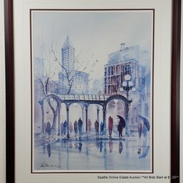 John Ebner PNW Artist Offset Lithograph Of Pioneer Square Pergola Signed AP 27/750, 36' X 29' Framed