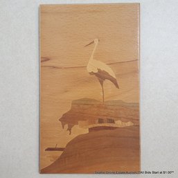 Wood Marquetry Artwork Depicting A Crane