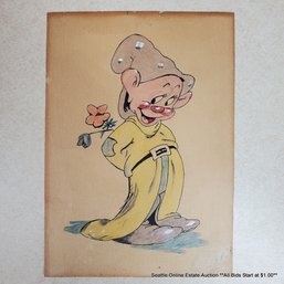 Vintage Original Ink, Watercolor & Gouache Painting Of Dopey From Snow White And The Seven Dwarfs