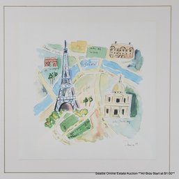 Denise M. Printed Decorative Map Of Paris - Featuring 'Tour Eiffel' Signature In The Print, Framed