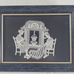 Vintage Hand-Made Bobbin Lace Artwork Featuring Domestic Scene, 6.5' X 8.5' Framed