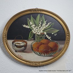 H. Gay Oval Oil Painting On Board Of A Still Life With Flowers And Oranges, Signed, 9' X 10.25' Framed