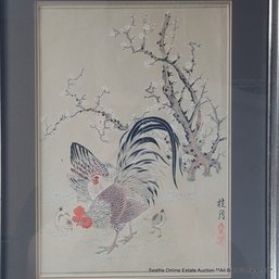 Vintage Japanese Woodblock Print With Hand-Painted Elements Of Chickens And A Plum Tree, 16.25' X 12' Framed