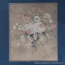 Antique Victorian Needlepoint Of A Rose Bouquet, 20.25' X 17.25' Framed