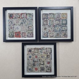 Set Of Three Handmade Newspaper Artworks Each Depicting Sixteen Coiled & Sewn Together Squares, Framed