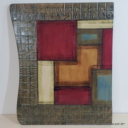 Ceramic Hanging Wall Tile With Abstract Design, Stamped Relief & Irregular Border, Signed