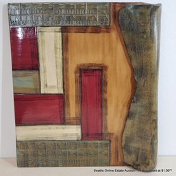 Ceramic Hanging Wall Tile With Abstract Design, Stamped Relief & Raised Folded Border, Signed
