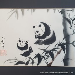 James Koh (Singapore) Original Chinese Brush Painting On Silk Of Pandas Eating, Signed With Red Chop Seal