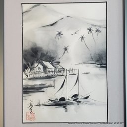James Koh (Singapore) Original Chinese Brush Painting On Silk Of A Coastal Scene, Signed With Red Chop Seal