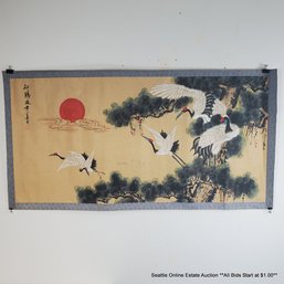 Large Vintage Hand-Painted Asian Scroll On Paper Of Cranes With Decorative Border, Signed With Red Chop Seal