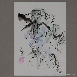 Original Ink & Watercolor Painting On Paper Of A Hanging Vine With Grapes, Signed With Red Chop Seal, Framed