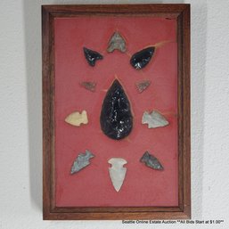 Collection Of Eleven Antique Indigenous Handcrafted Stone Points & Arrowheads, Framed
