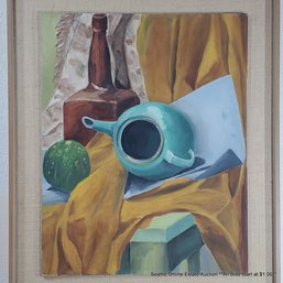 Original Vintage Oil Painting On Canvas Board Of A Still Life With Teapot, 25.50' X 20.75' Framed