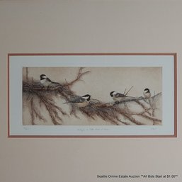 Original Etching Of Chickadees Titled 'Mesanges A Tete Noire Et Juncos' #50/300, Pencil Signed, Framed