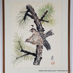 Vintage Asian Ink Brush & Watercolor  Painting On Paper Of Two Birds, Signature In The Red Chop Seal, Framed